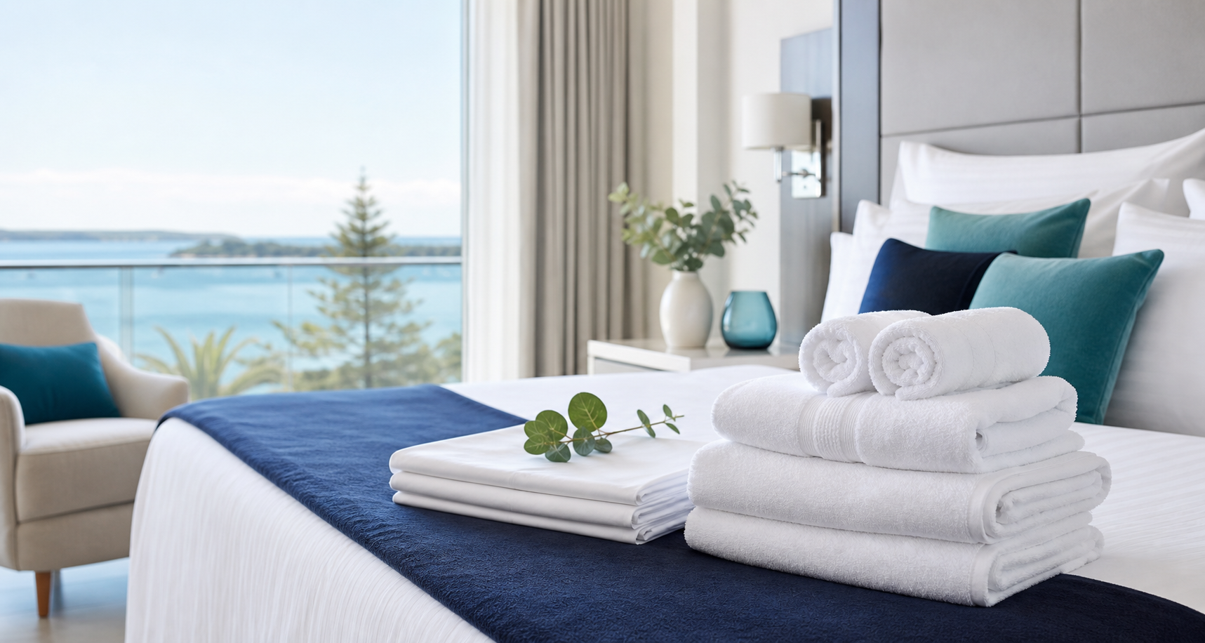 Premium hospitality linen presentation with folded towels, bedding and soft navy-teal accents