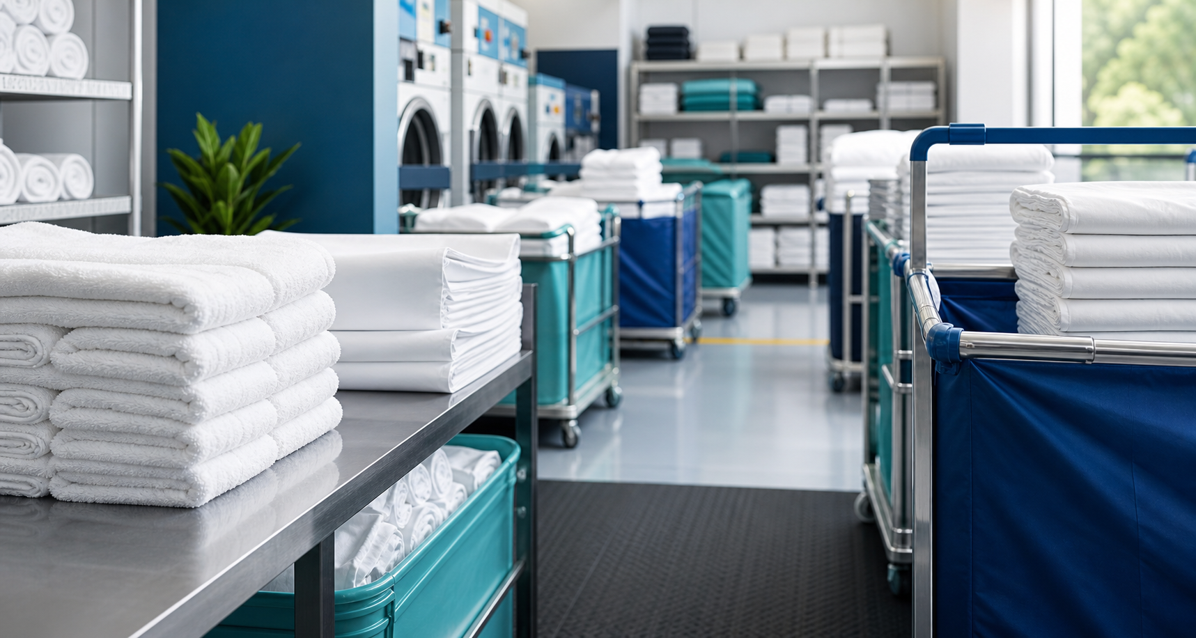 Premium commercial laundry workflow image with collection, cleaning and delivery preparation